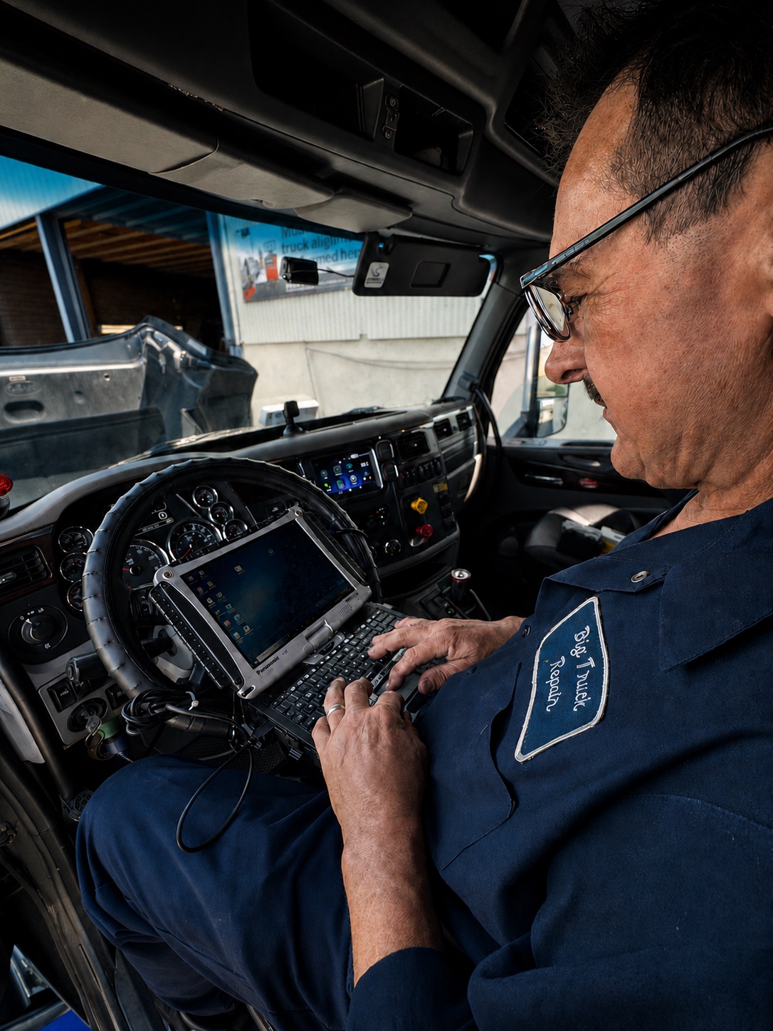 Big Truck Repair technician doing a DOT equipment check from the cab with a diagnostic laptop