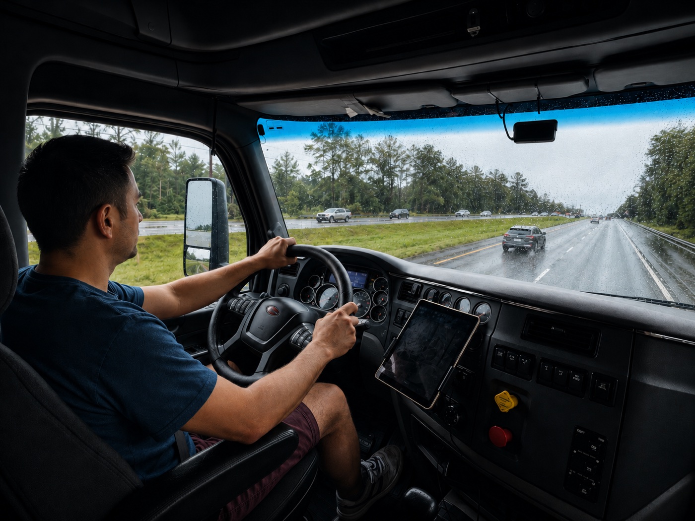 Driver at the wheel on a rainy highway, staying alert and keeping a safe following distance